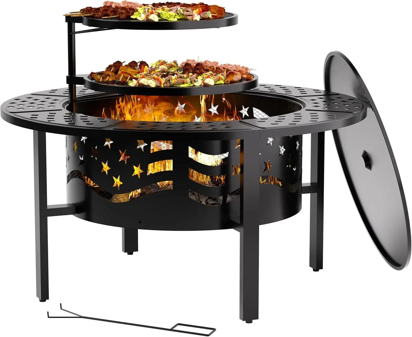 42 Inch Outdoor Fire Pit With Grills Wood Burning Cover Poker Metal
