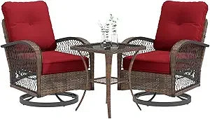3 Piece Patio Furniture Set With Wicker Swivel Rocker Chairs And Cushions