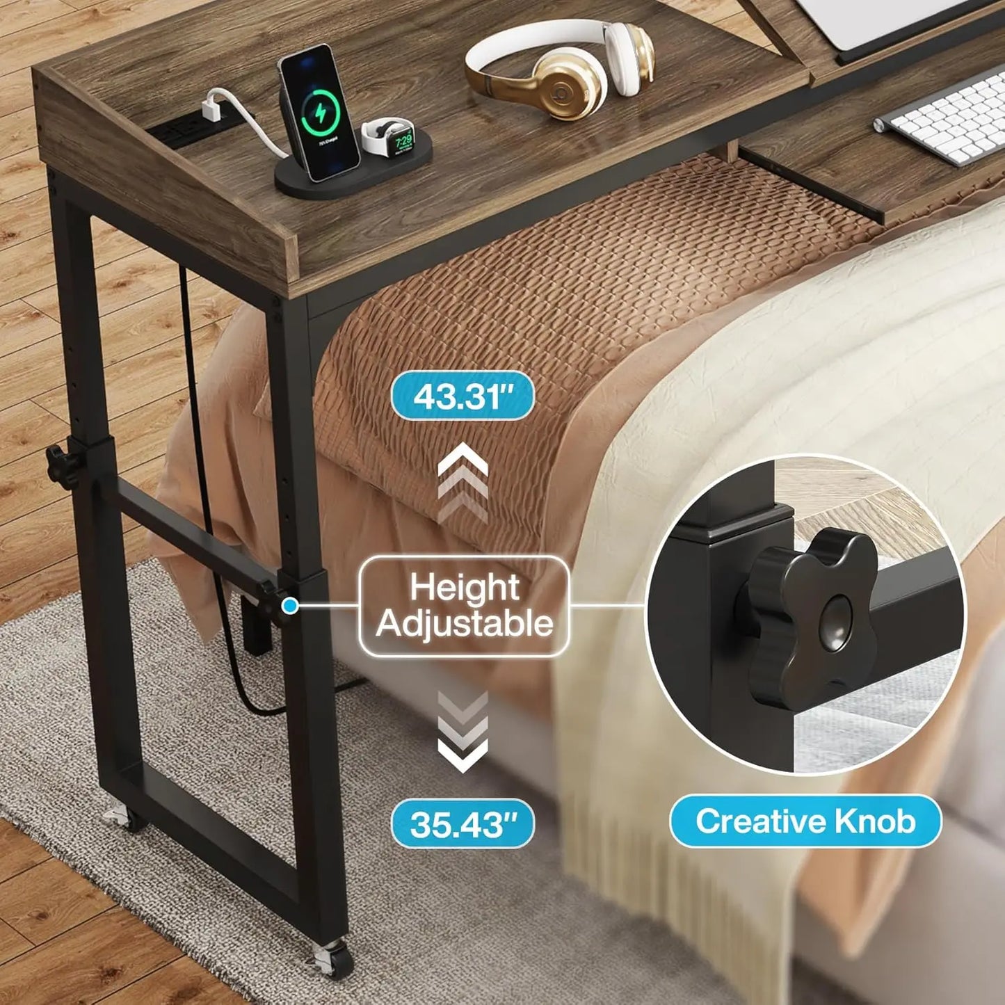 Height Adjustable Overbed Table With Wheels Laptop Desk