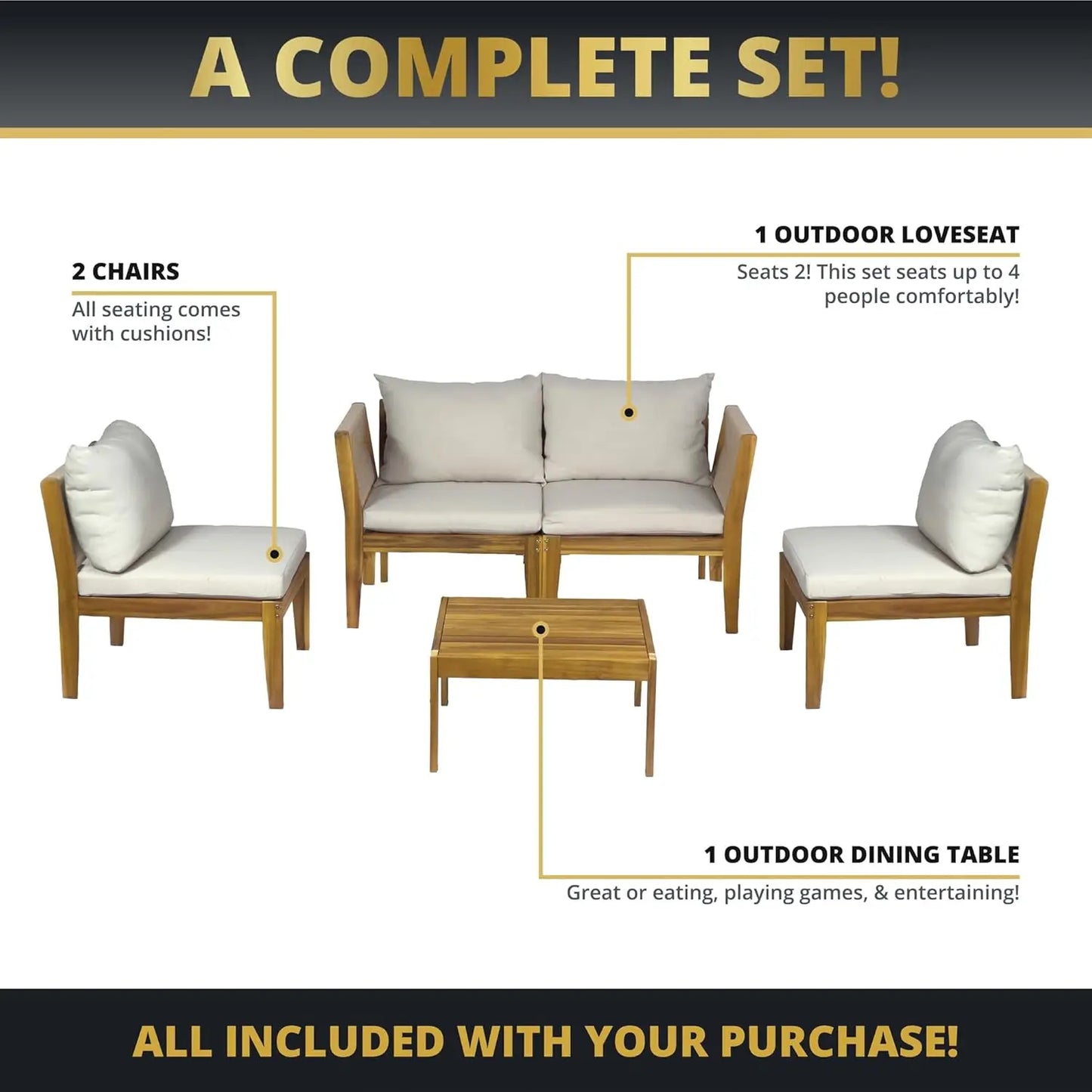 Steven 5 Piece Acacia Wood Outdoor Patio Furniture Set With Cushions