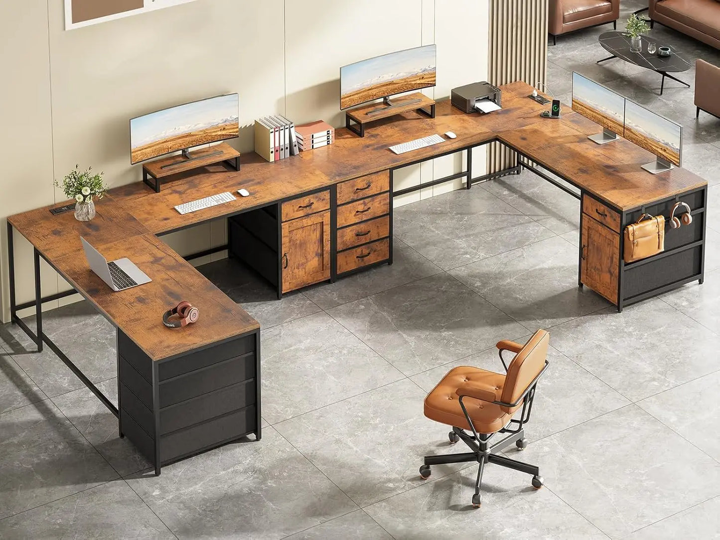63 Inch L Shaped Corner Desk With 5 Drawers And Power Outlet For Home Office