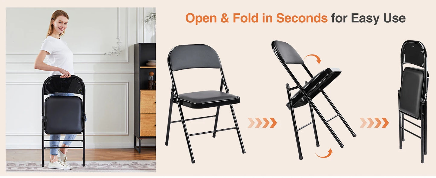 Leather Padded Folding Chairs Set Of 4 Sturdy Metal Frame Indoor Outdoor