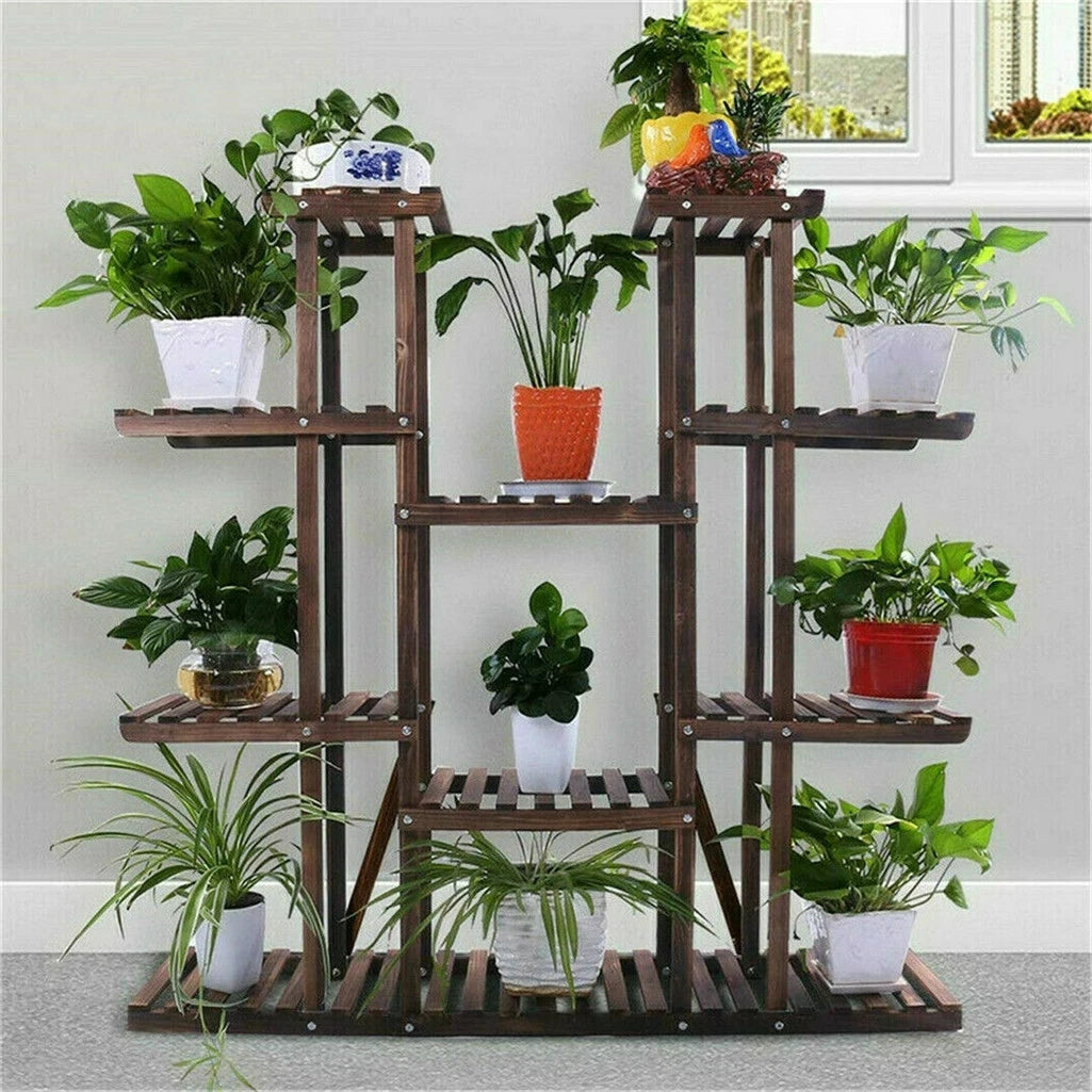 UNHO 46 Inch Multi Tier Wood Plant Stand 9 Tier 16 Pot Flower Rack Indoor Outdoor for Patio Garden