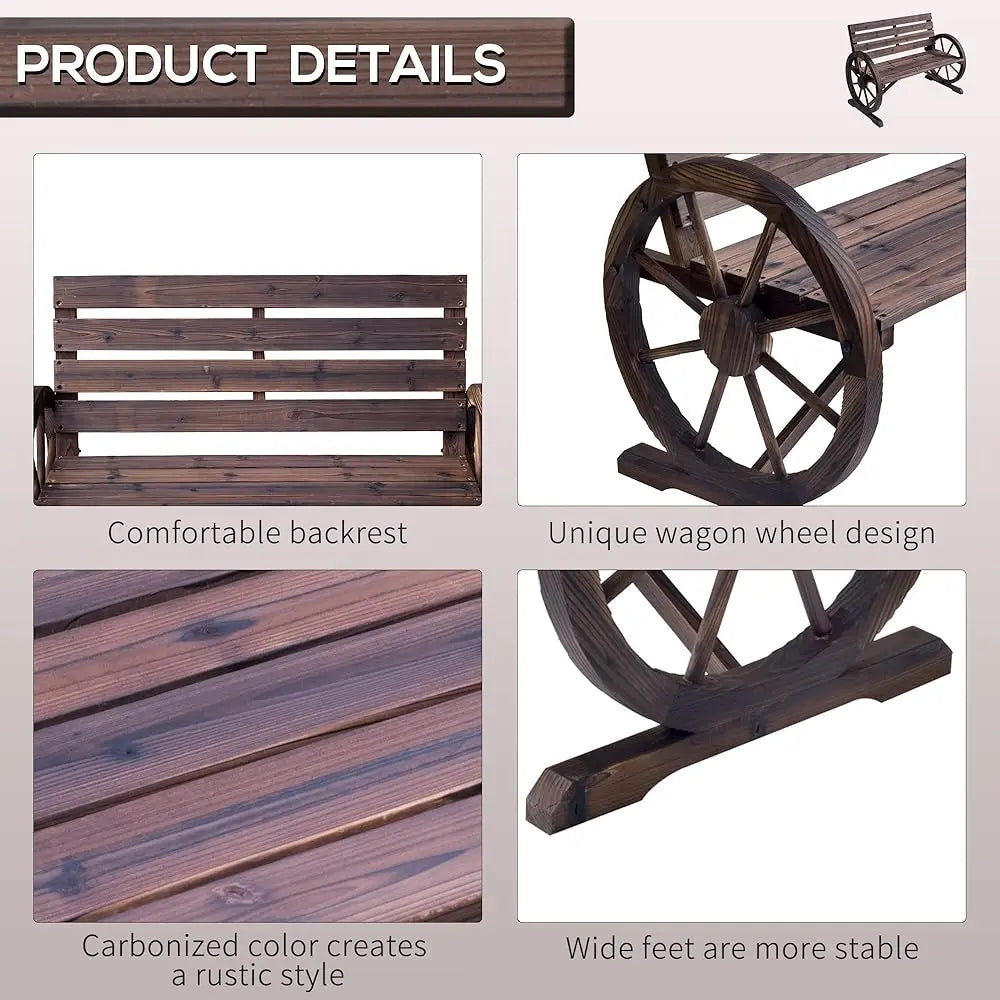 41 Inch Wooden Wagon Wheel Bench Rustic Outdoor Patio Weather Resistant 2 Person Slatted Seat With Backrest Carbonized Finish