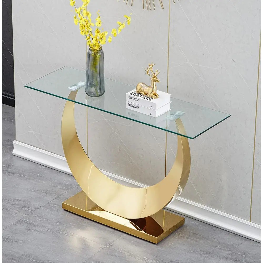 Elegant 47 Inch Slim Entryway Console Table With Tempered Glass And Gold Accents
