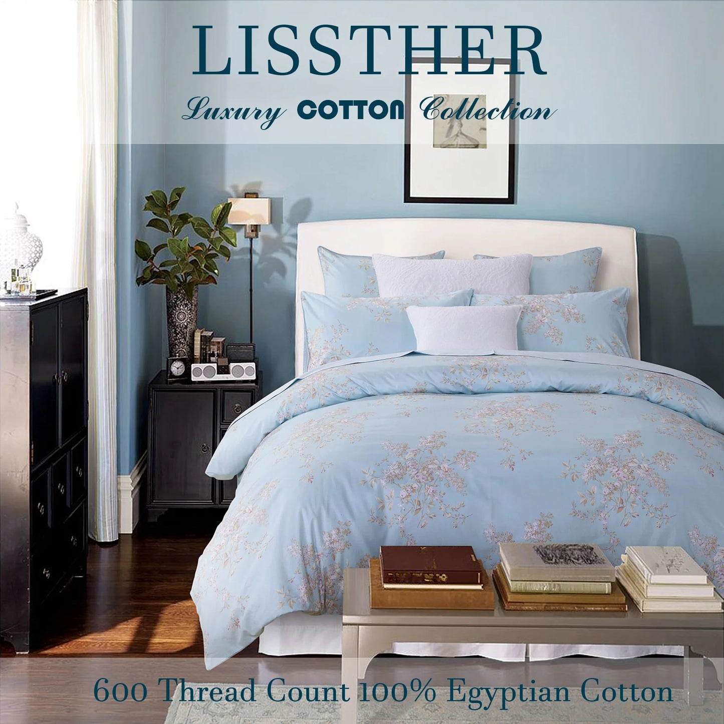 600TC Egyptian Cotton Duvet Cover Set Vintage Blue Tassel
