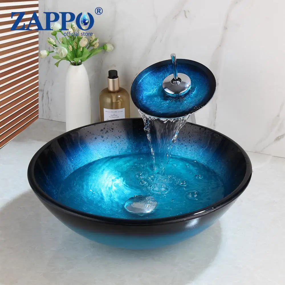 ZAPPO Tempered Glass Vessel Sink With Waterfall Faucet Blue