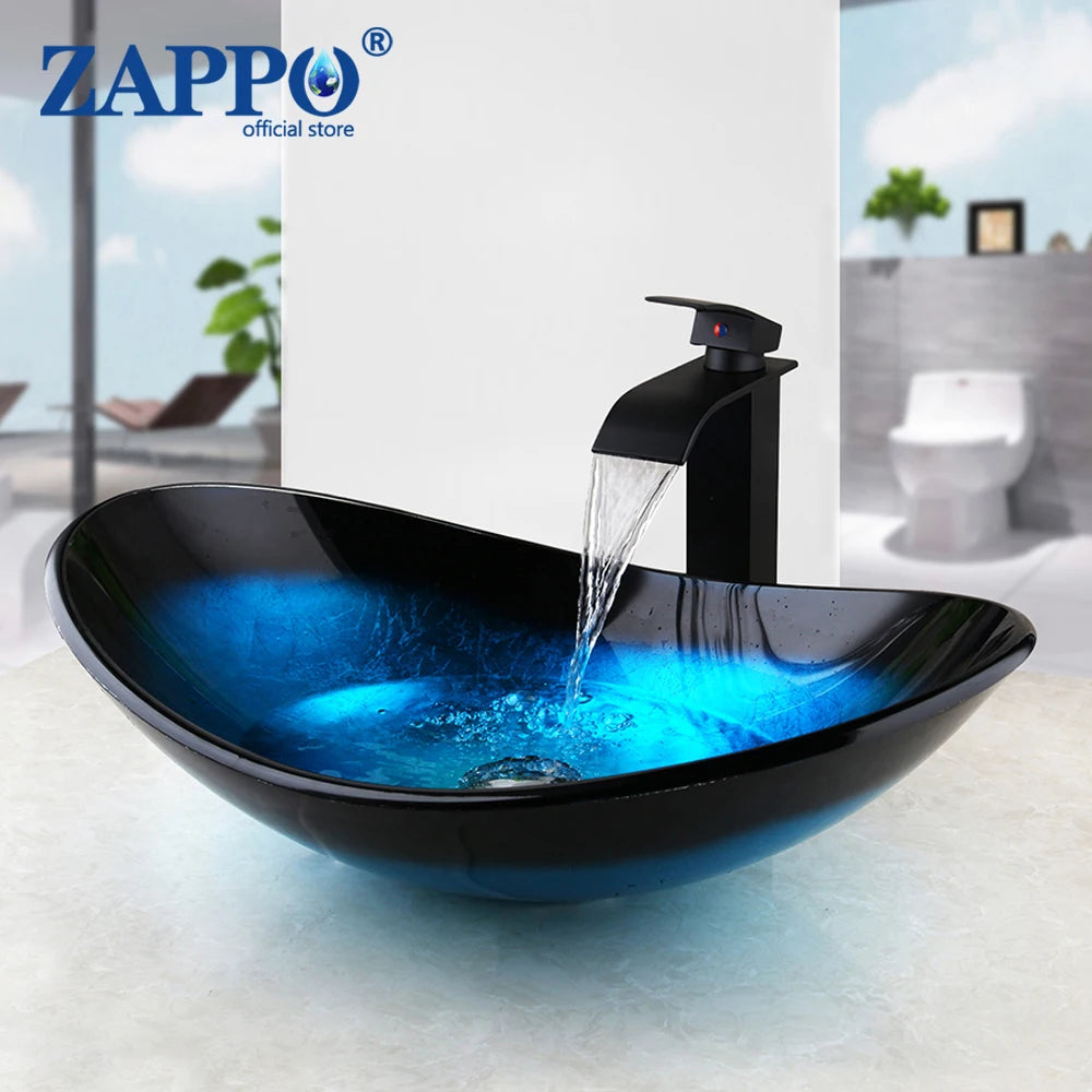 ZAPPO Tempered Glass Vessel Sink With Waterfall Faucet Blue