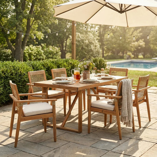 Acacia Wood Outdoor Dining Set 7 Pieces With Cushions 6 Chairs And Large Table