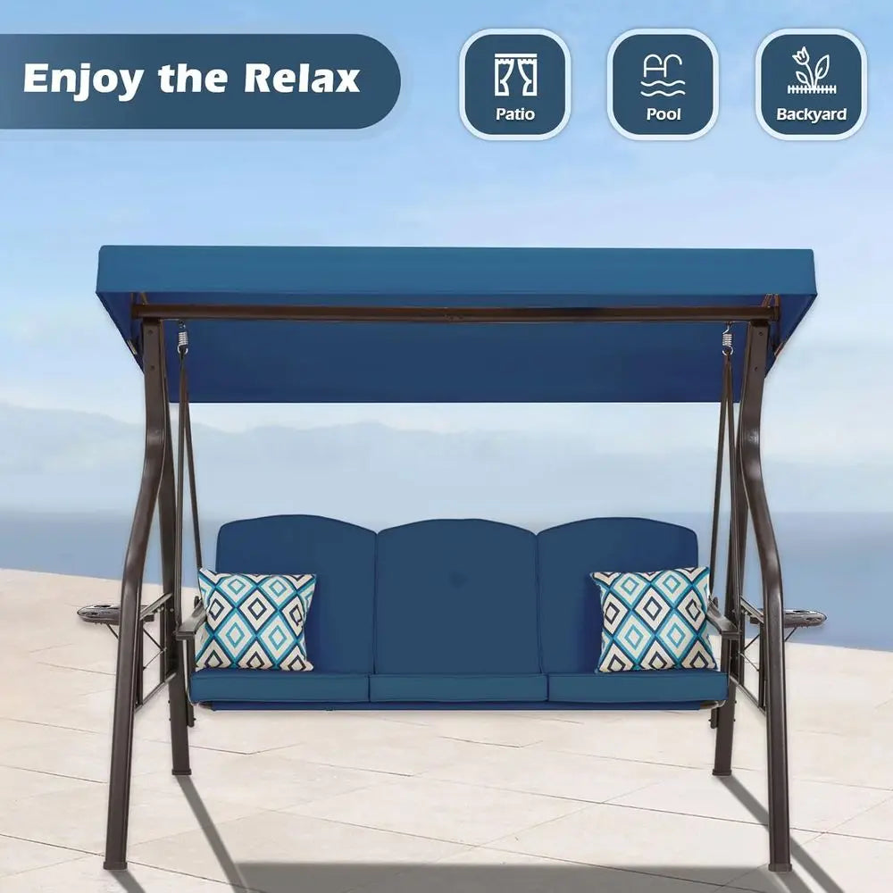 Three Seat Outdoor Porch Swing With Stand Blue Patio Swing Bed Chair Pillows