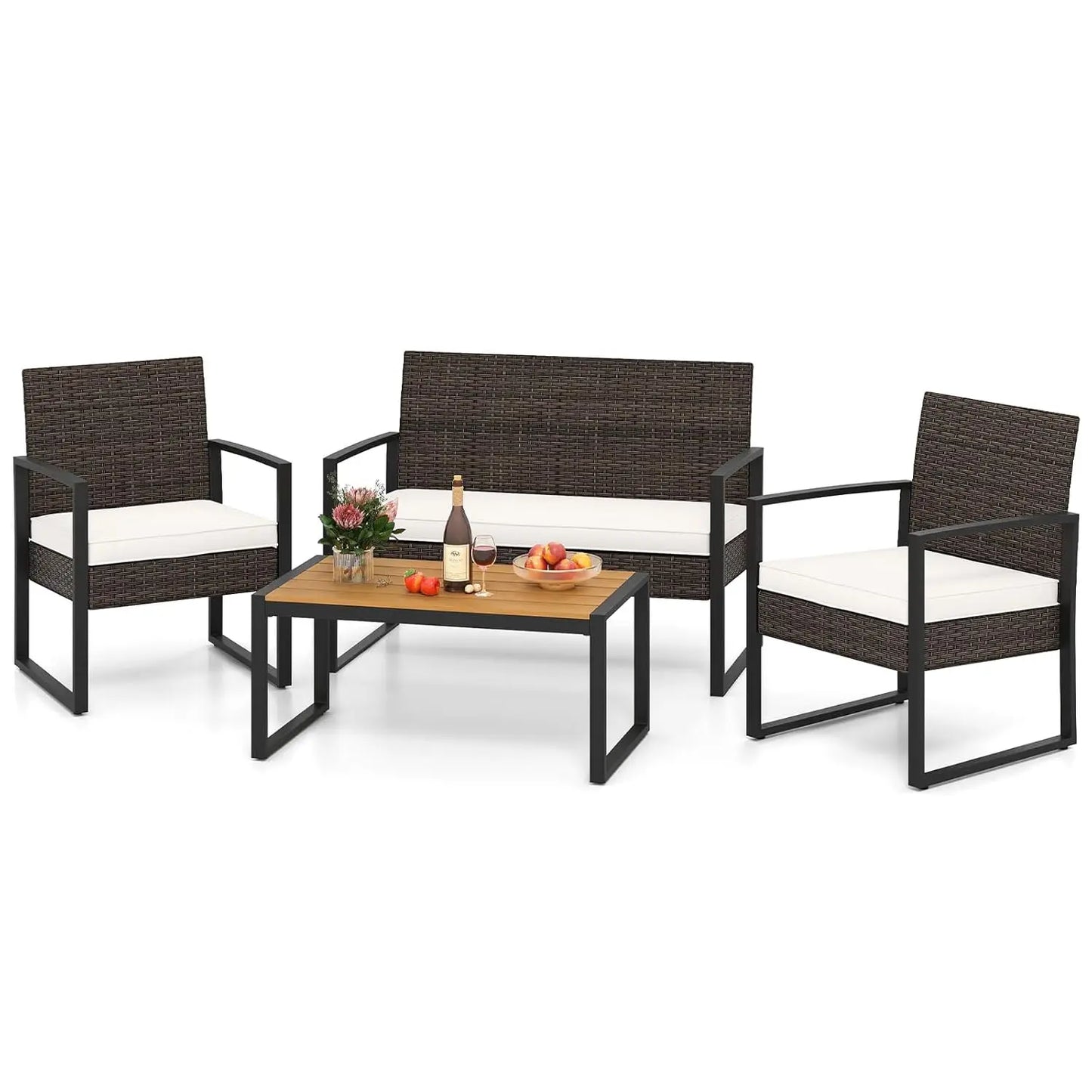 4 Piece Patio Furniture Set Rattan With Cushioned Chairs And Coffee Table