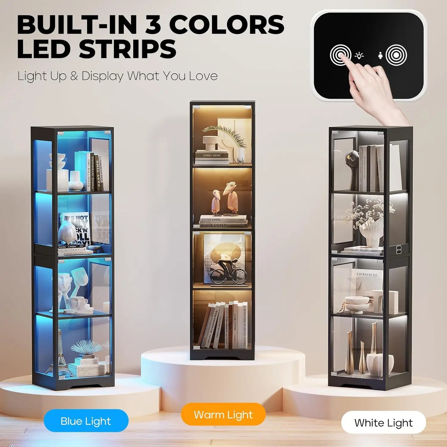 4-Tier Glass Display Cabinet With Adjustable LED Lights And Sensor Black