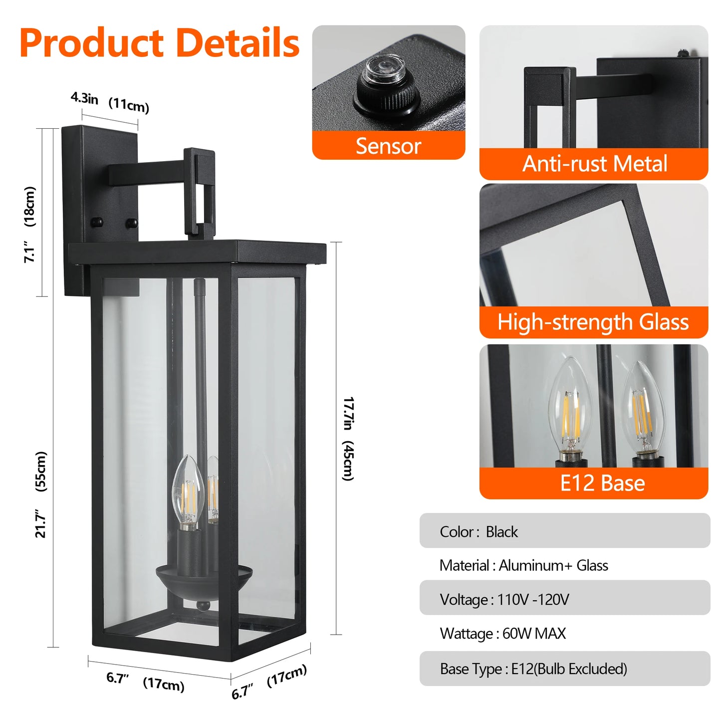 22 Inch Outdoor Wall Lantern Matte Black Finish With Dusk To Dawn Sensor