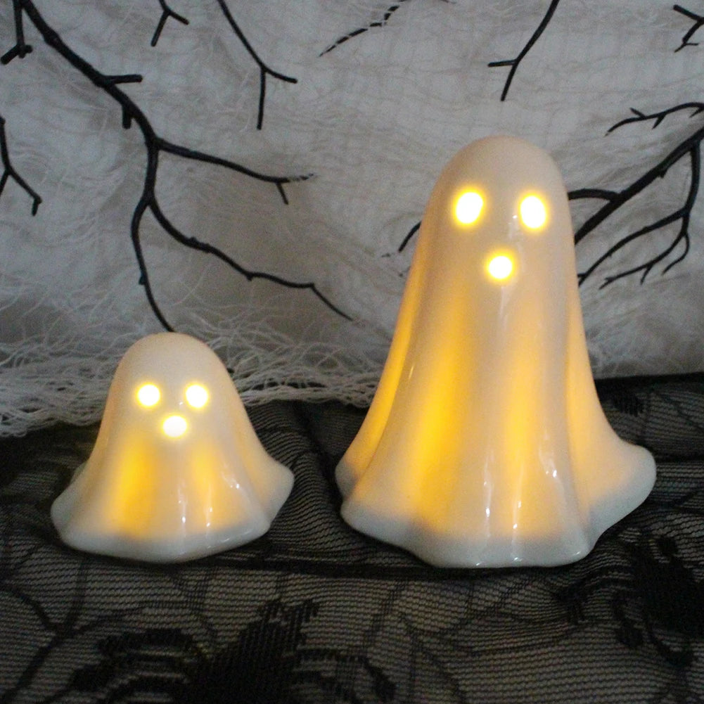 Halloween LED Light Up Ghost Decor Handmade Ceramic Ghost Sculpture Illuminated Desktop Decoration