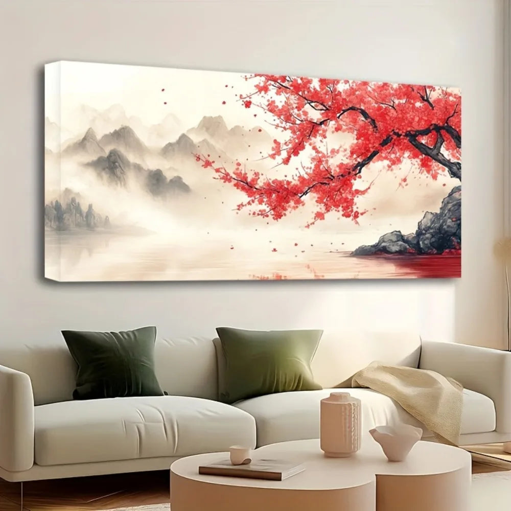 1.5 Inch Pine Wood Frame Pink Plum Mural Wall Art Black And White Landscape