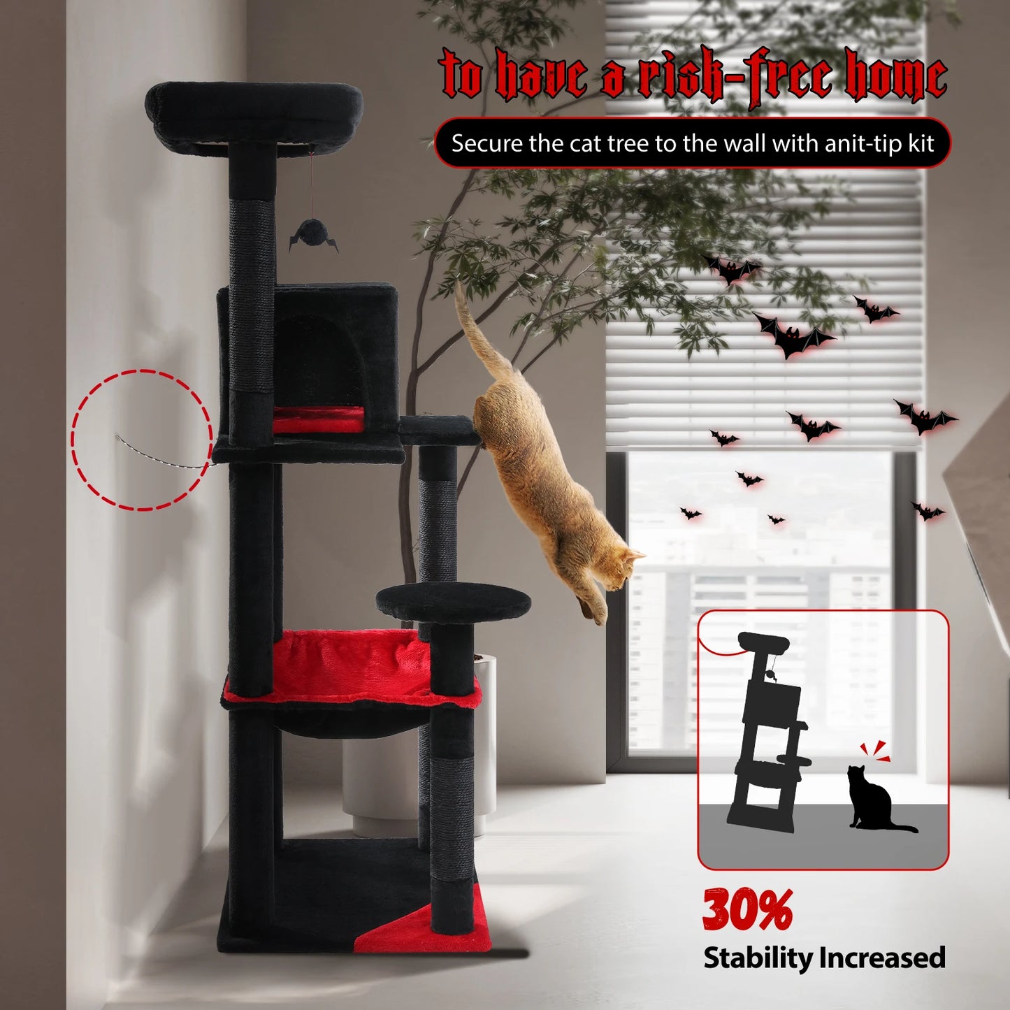 Gothic Cat Tree Tower for Indoor Cats Five Levels with Cozy Condo and Hammock