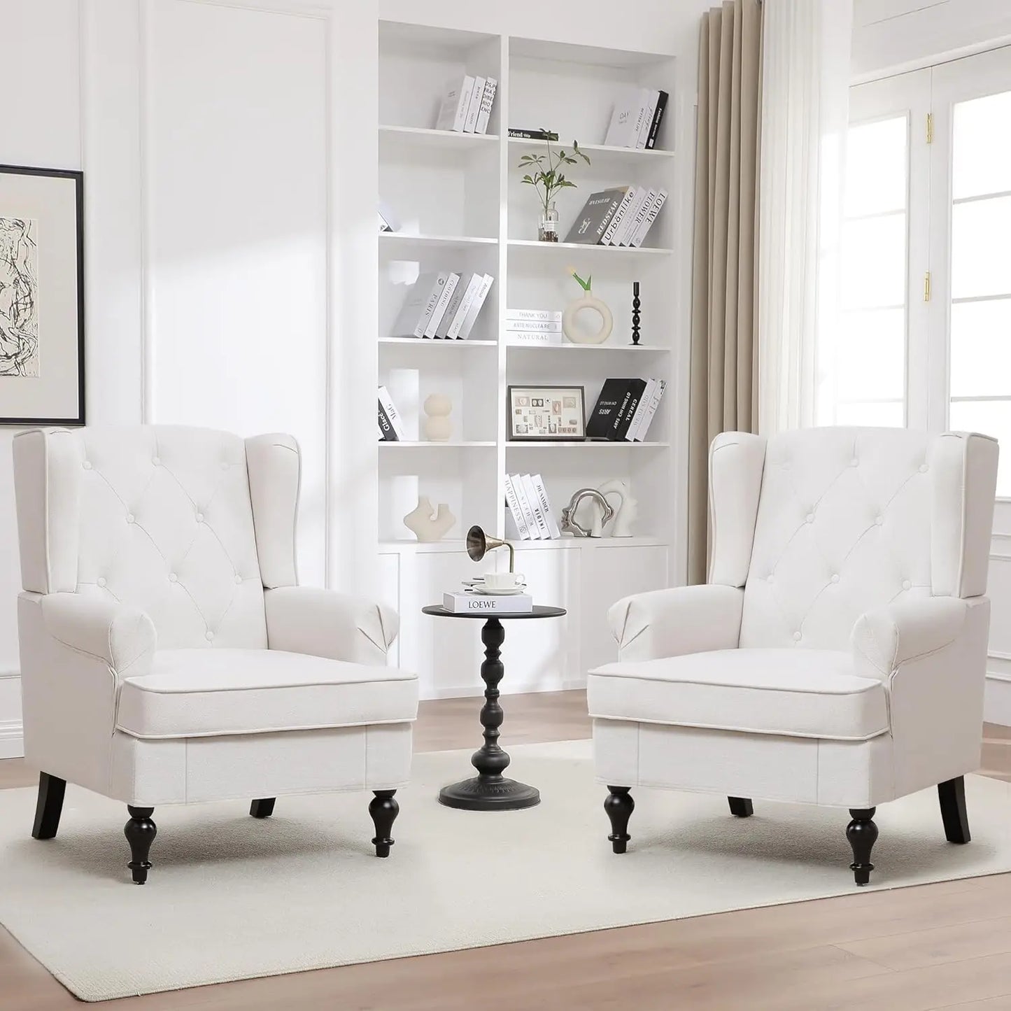 Accent Chair Set Of 2 Mid Century Modern Fabric Wingback Chairs With High Back