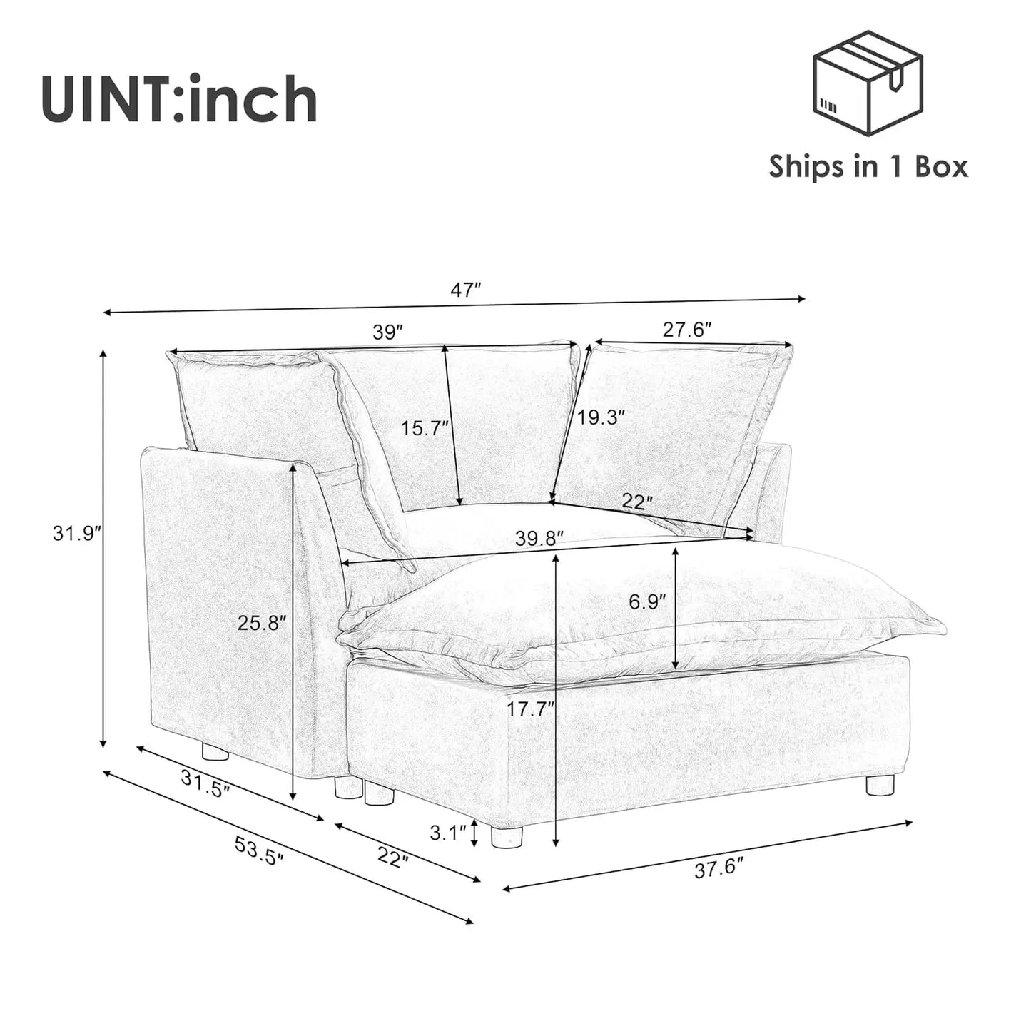 Modern Armchair Sofa With Ottoman 47 Inch Upholstered Wide Seat Curved Armrests