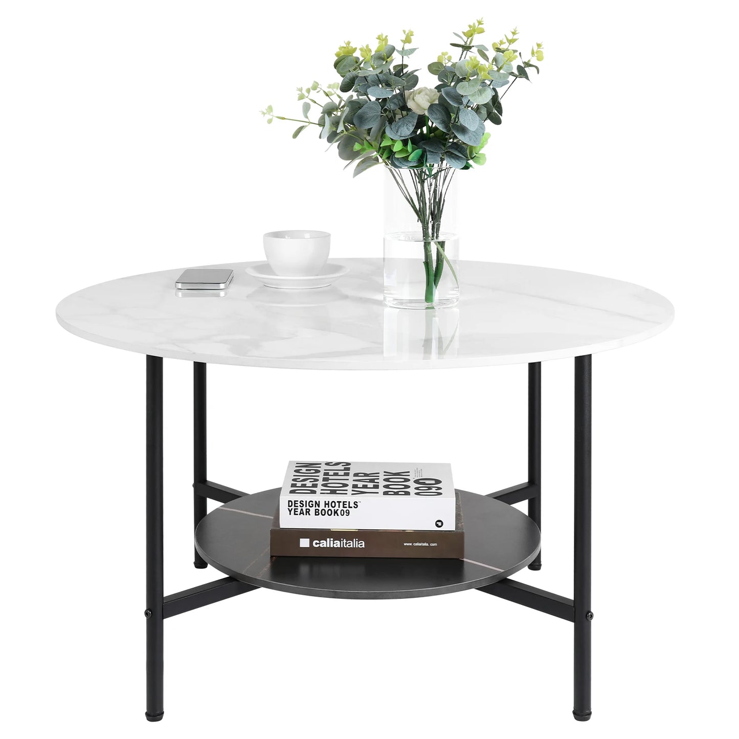 2 Tier Round Coffee Table Sintered Stone With Metal Frame