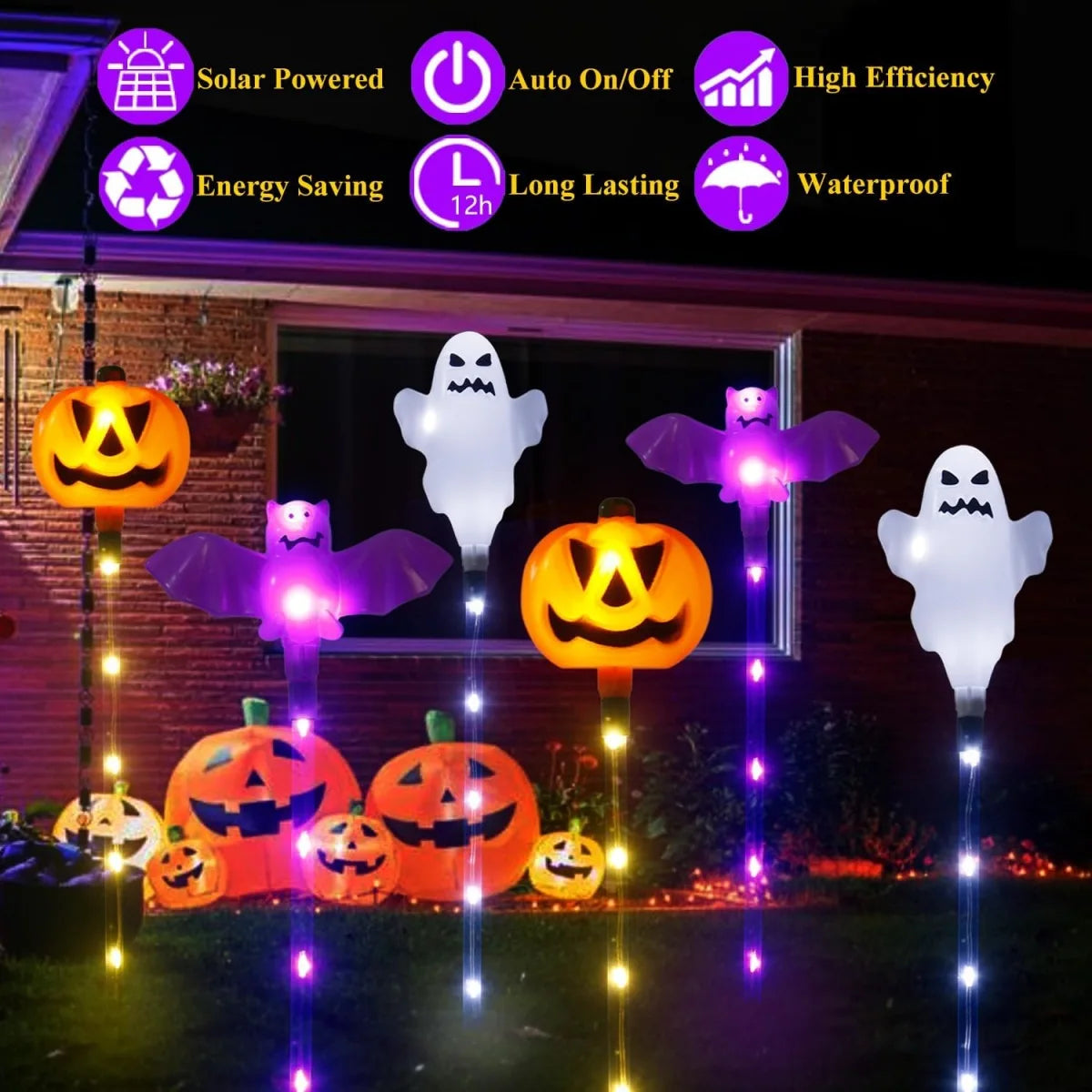 Solar Powered 8 LED Pumpkin Garden Stake Lights Halloween