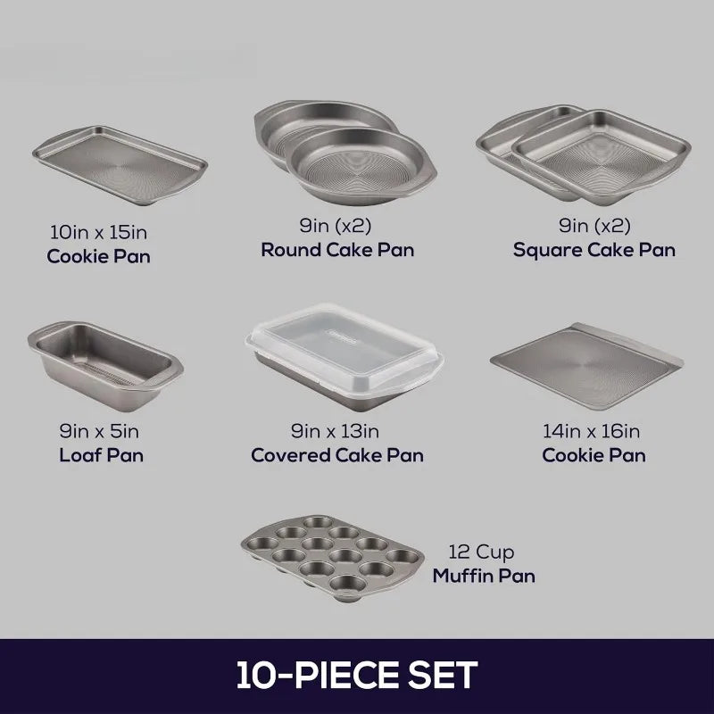 Total Nonstick Bakeware Set with Nonstick Bread Pan Cookie Sheet Baking Pan Baking Sheet Cake Pan and Muffin Cupcake Pan 10 Piece Gray