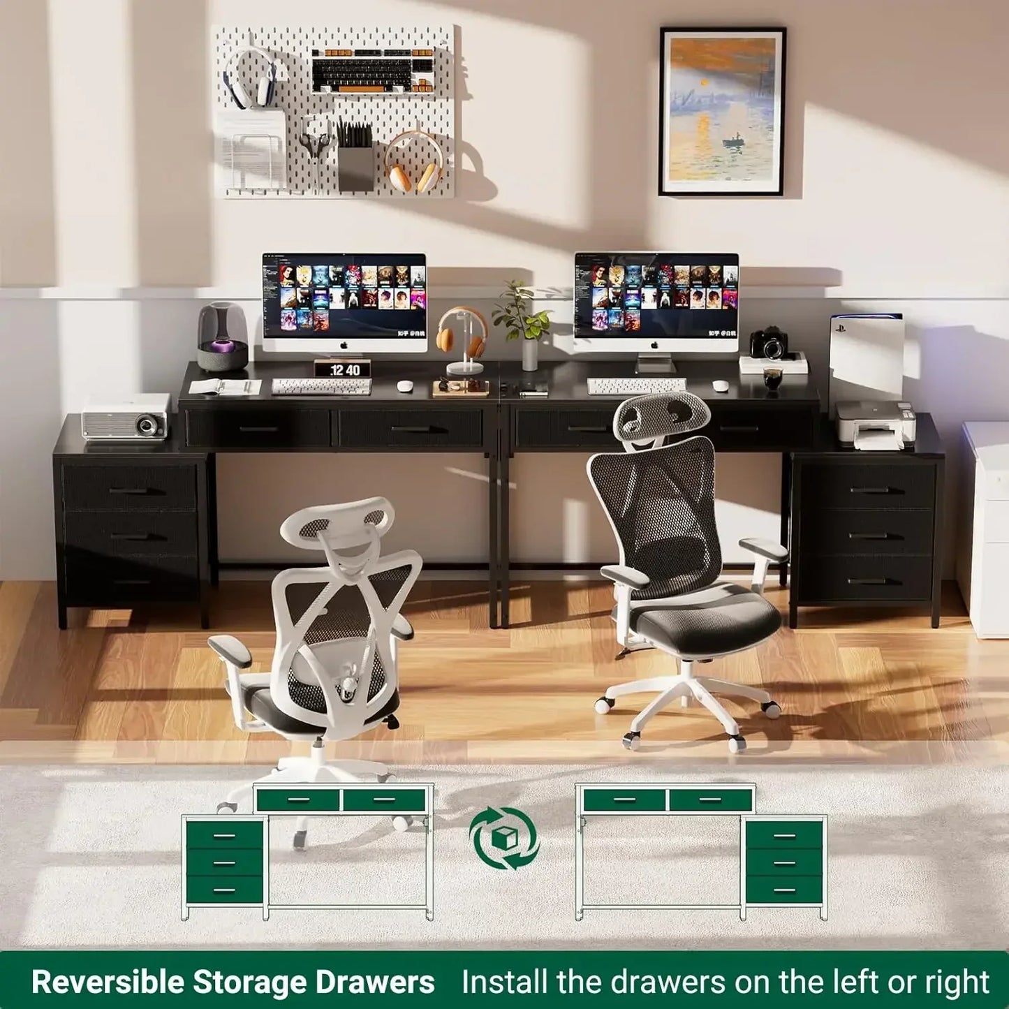 Reversible Computer Desk With 5 Drawers And USB Ports