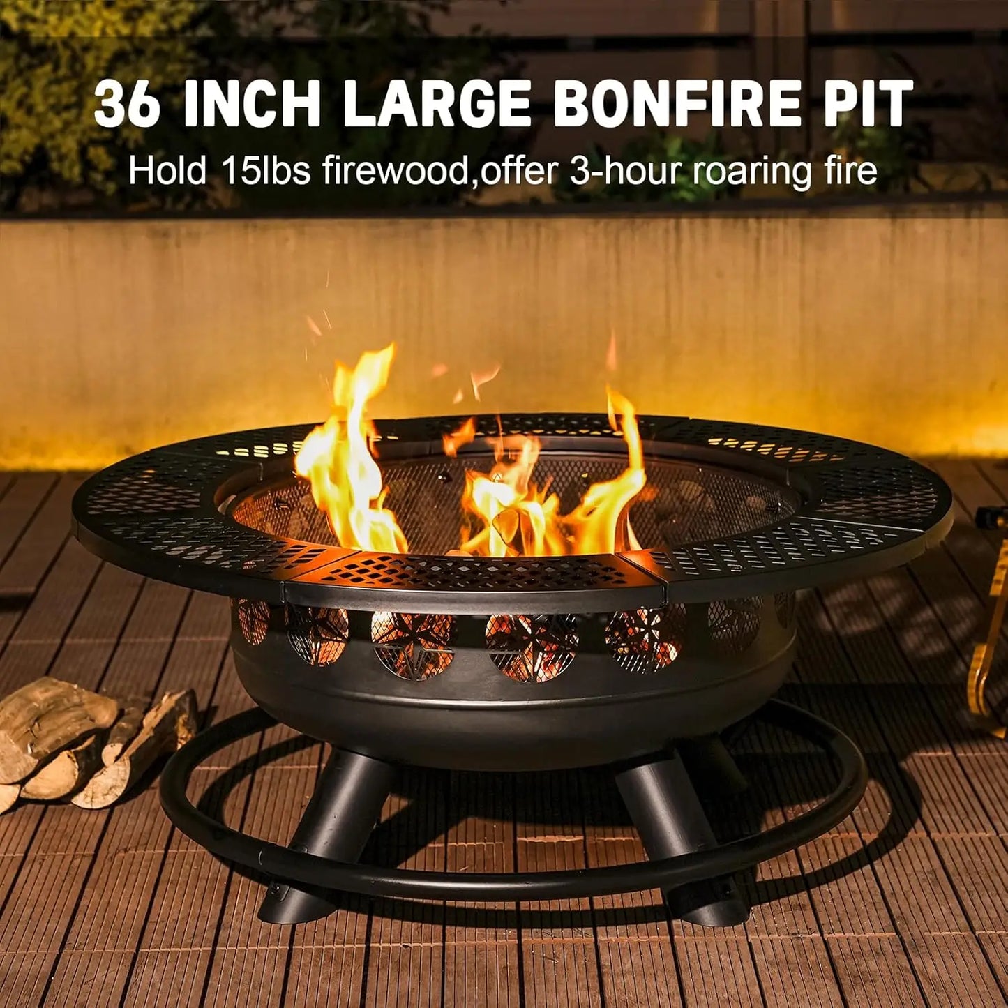 36 Inch Fire Pit With 2 Grills Outdoor Wood Burning BBQ