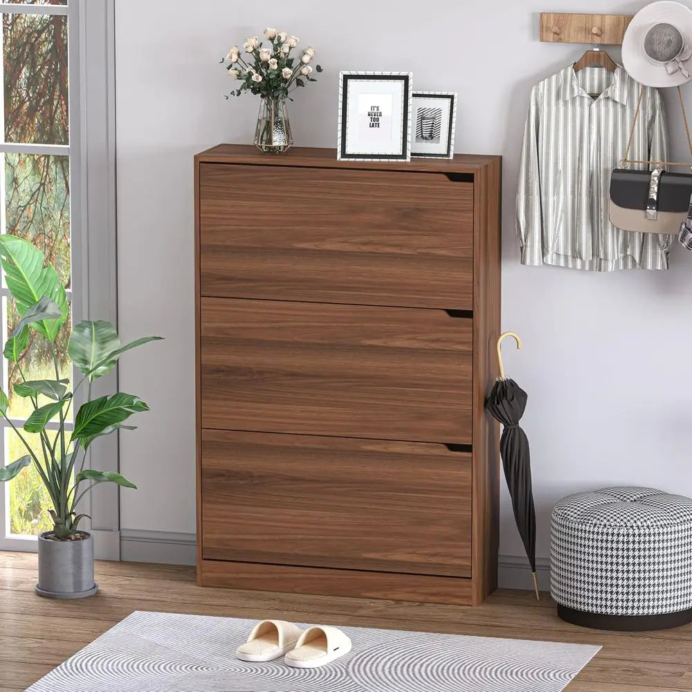 Slim Narrow Wood Shoe Cabinet With 3 Flip Drawers Freestanding Organizer