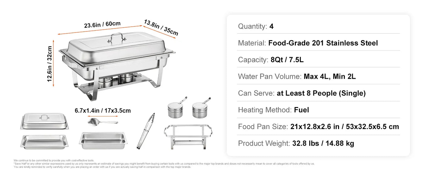 Vevor 8QT Rectangle Chafing Dish Set 4 Pack Stainless Steel Buffet Server Food Warmer Catering Equipment