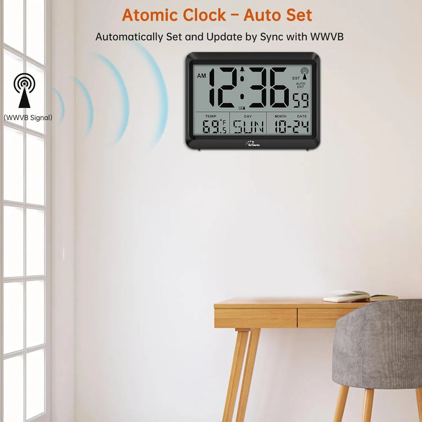 Atomic Digital Wall Clock With AutoSet Time Large Display Temp 4 Time Zones DST