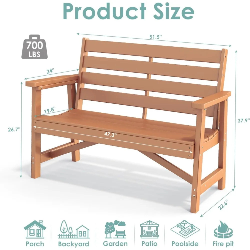 Ivy Lane Outdoor Bench HDPE Plastic 2-Person Weatherproof Teak Garden Bench For Patio Park Porch Backyard
