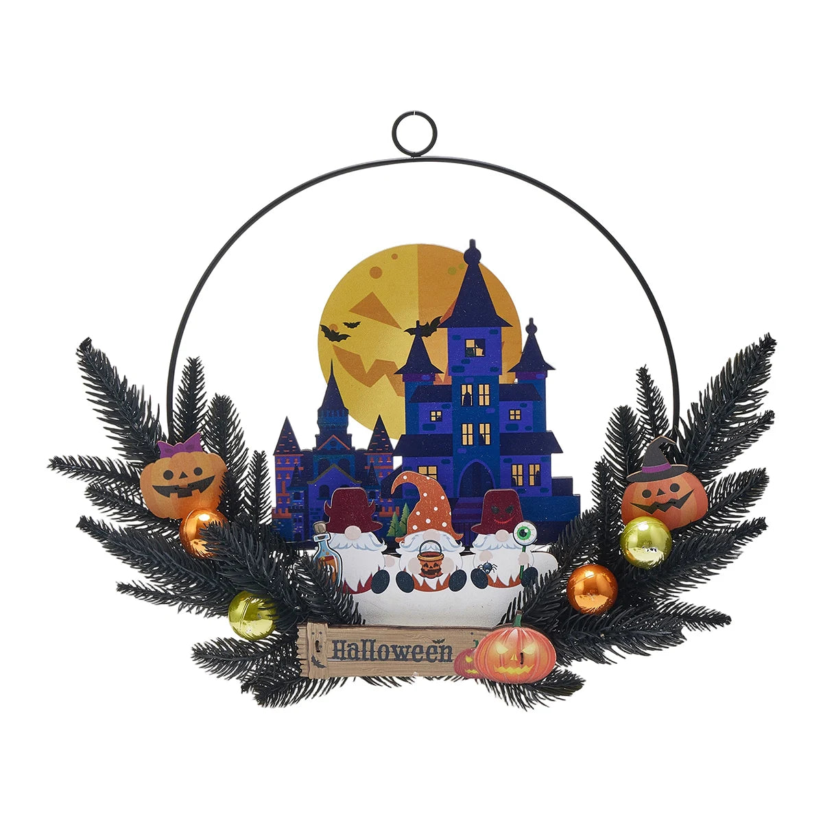 Spooky Halloween Hanging Sign with Glowing LED Lights Haunted House and Ghostly Pumpkin Design Perfect for Front Door Decoration