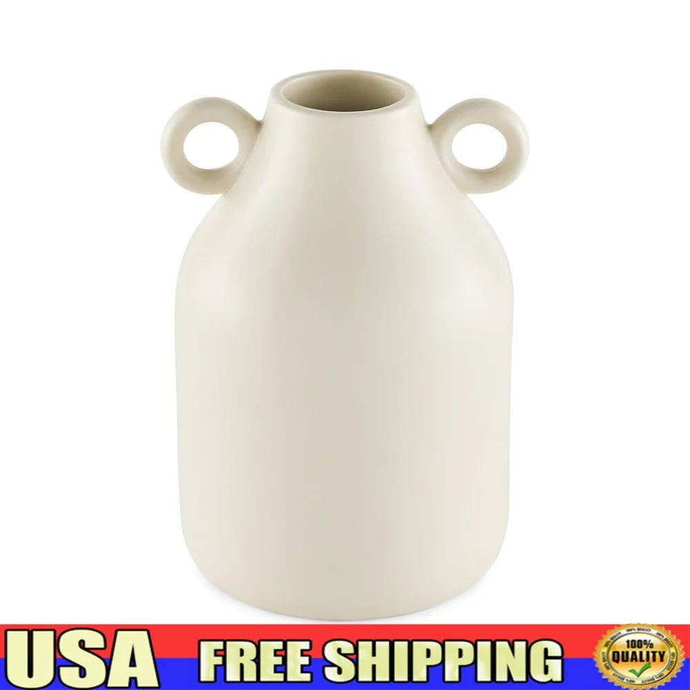 Handcrafted Ceramic Vase with Tapered Shape Round Handles Decorative Home Accent Fresh and Artificial Flowers Ideal Indoor Use