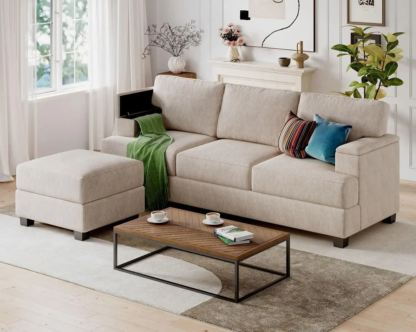 85 Inch L Shaped Couch With Movable Ottoman Chenille Sectional Sofa