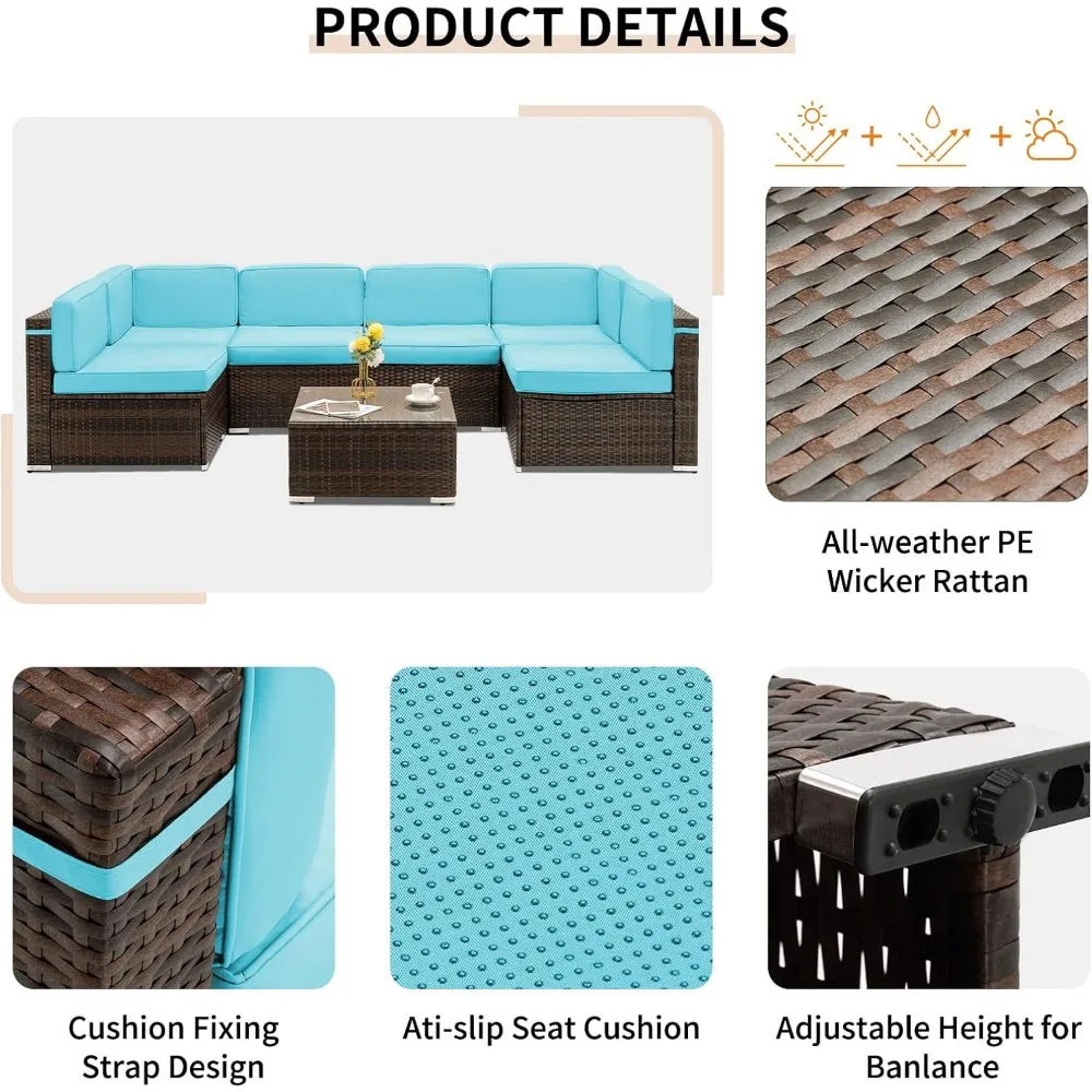 Outdoor Patio Furniture Set 7 Pieces Sectional PE Rattan Sofa Waterproof Cover