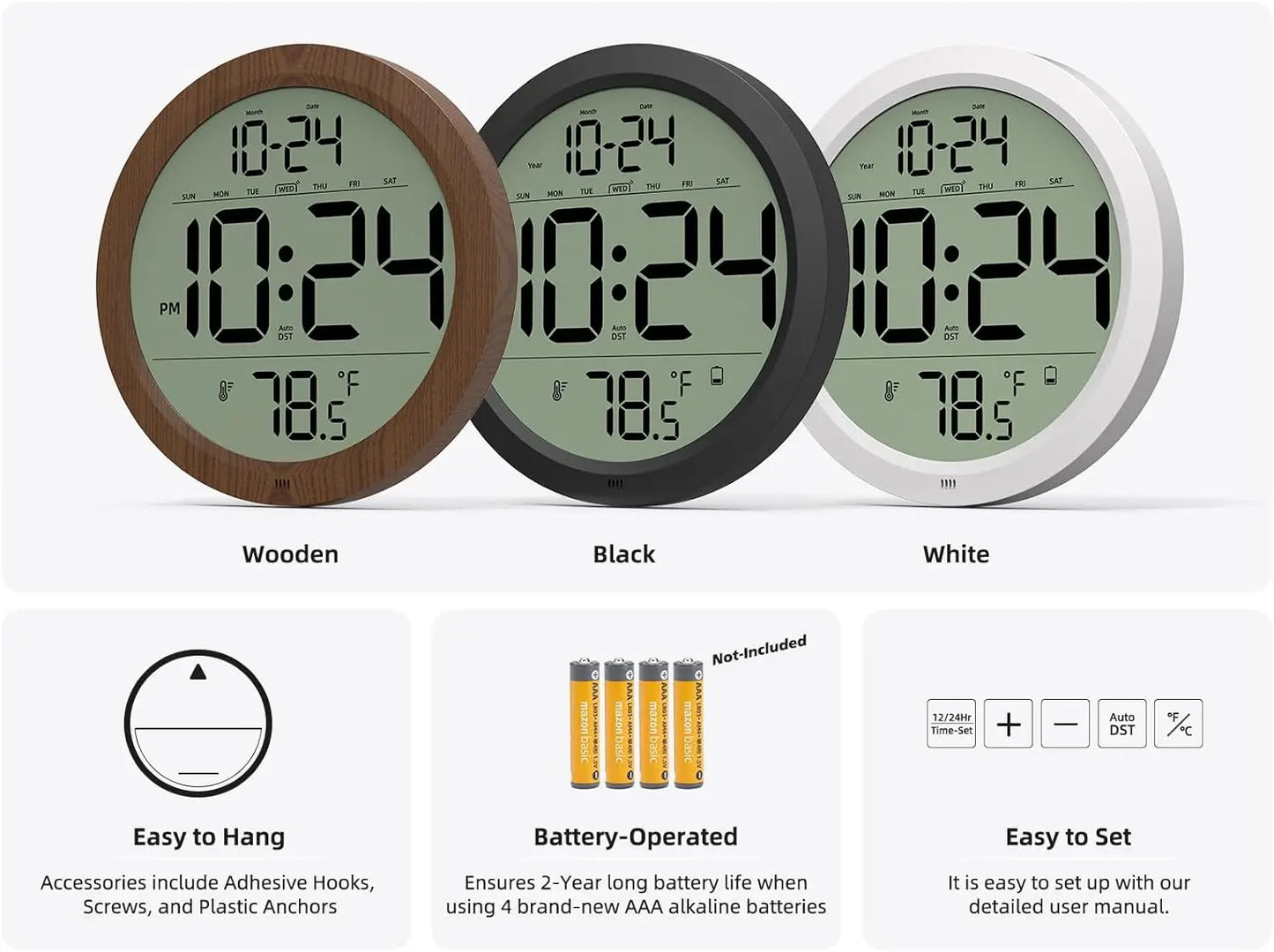 8 Inch Digital Wall Clock Date Temperature Auto DST Battery Operated