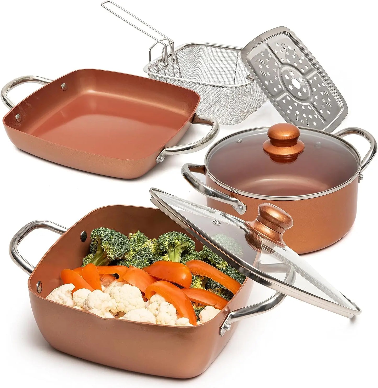 7 Piece Copper Pots and Pans Set Non Stick Copper Chef Cookware Square Pans Round Pot and Fry Basket