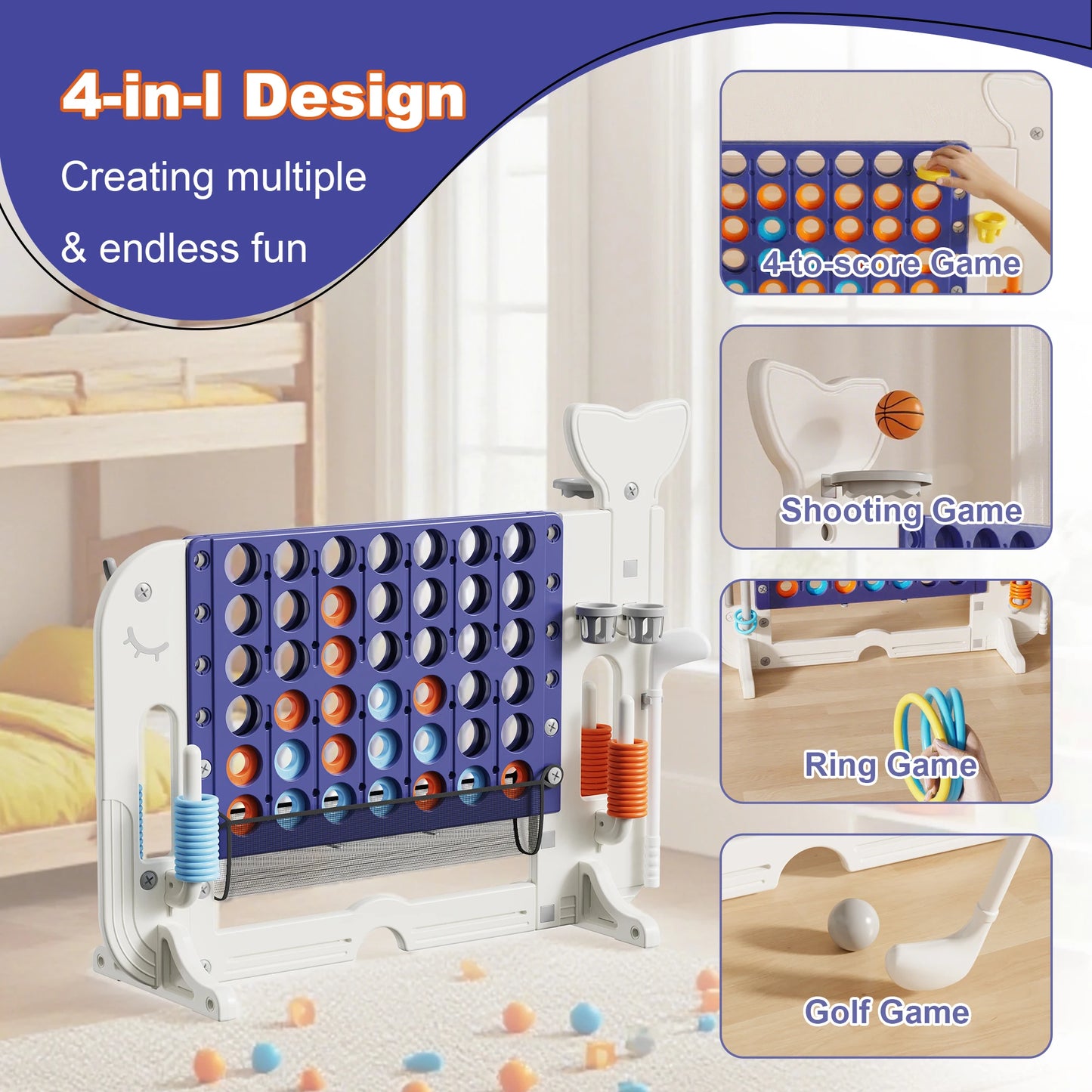 Kids Giant 4 To Score Mesh Bag Connect Four Ring Toss Golf And Basketball Hoop