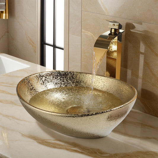 KEMAIDI Gold 16 Inch Ceramic Oval Vessel Sink With Faucet