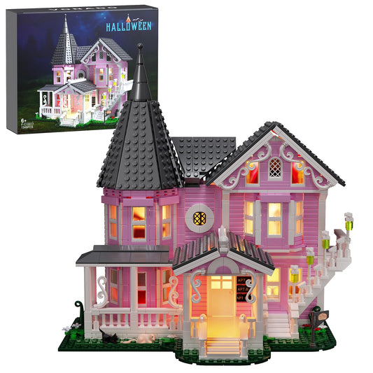 Pink Palace House Building Set Lights Coraline Haunted House Lego Compatible