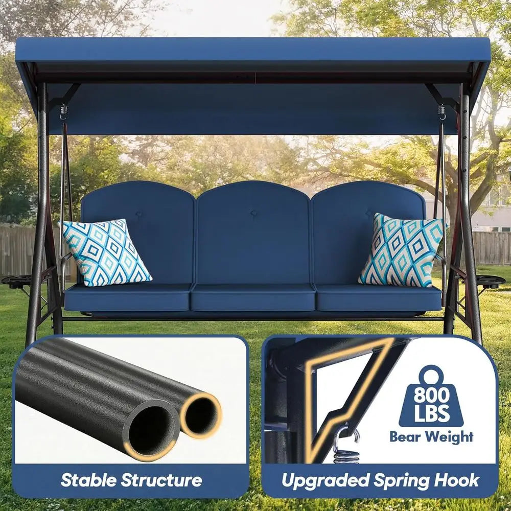 Three Seat Outdoor Swing With Stand 800lbs Capacity Two In One Swing Bed Blue