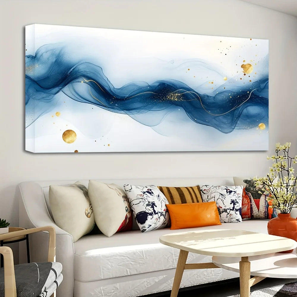 1.5 Inch Thick Pine Solid Wood Frame Large Abstract Gold and Blue Gradient Painting Living Room Wall Art Interior Decoration
