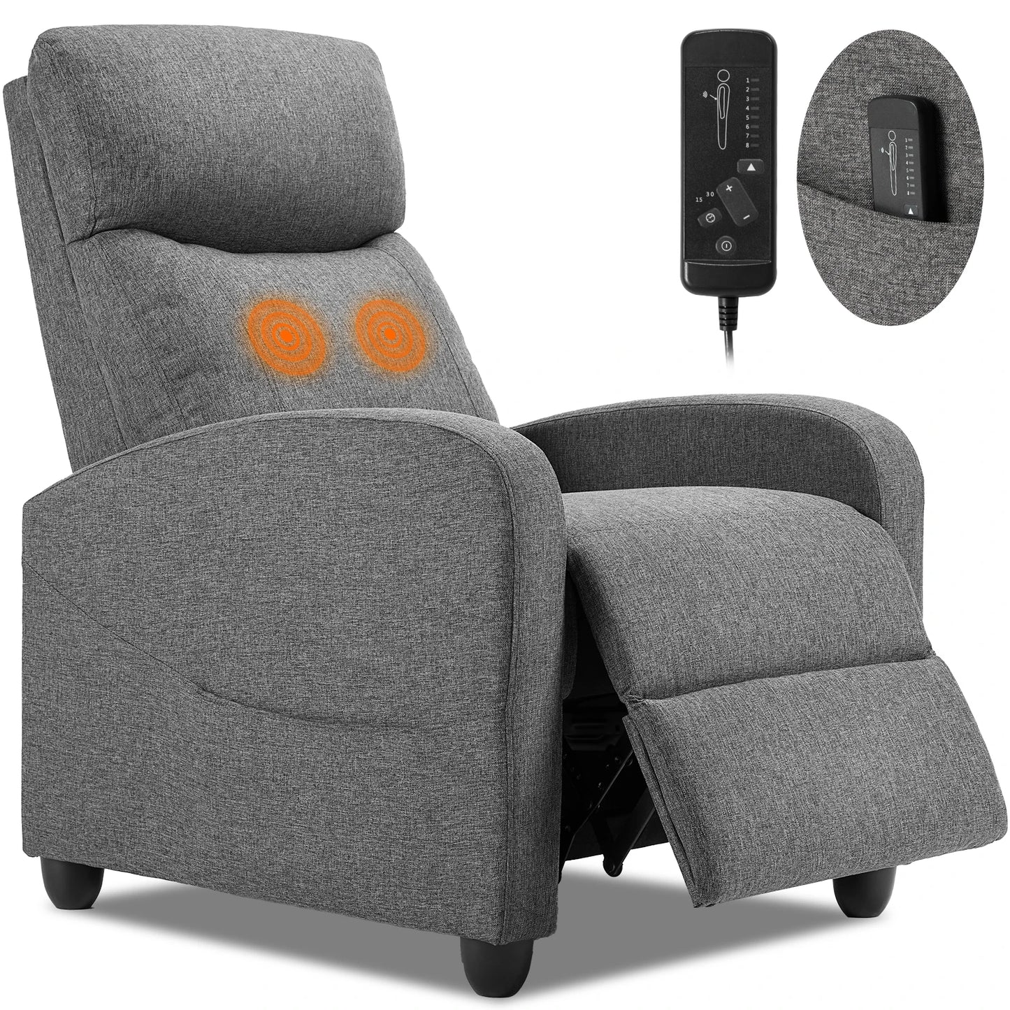 JHK Recliner Chair Massage Sofa Fabric Lumbar Support Grey