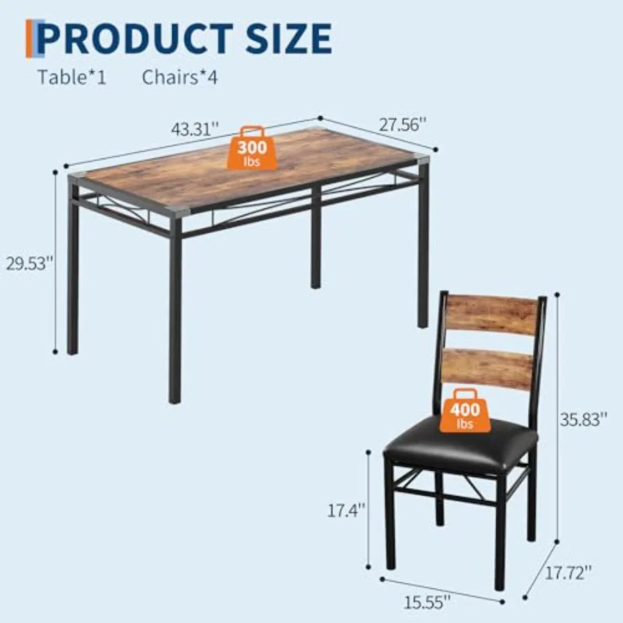 Retro Brown Dining Table Set for 4 with Corner Protector and Upholstered Chairs