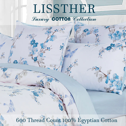 3Pc 600TC Egyptian Cotton Duvet Cover Set Blue Floral