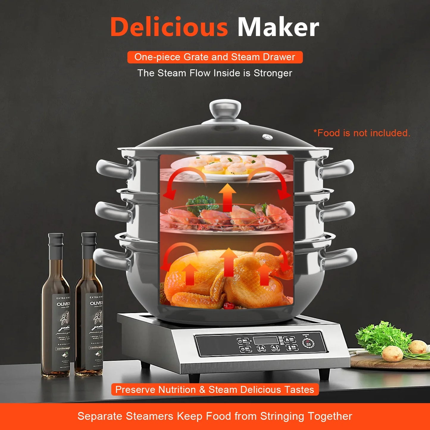 11 Inch 3 Tier Large Stainless Steel Steamer Pot Set with Glass Lid