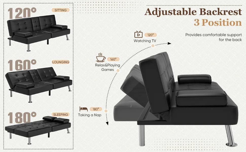 Folding Futon Sofa Bed For Living Room Faux Leather Upholstered Loveseat