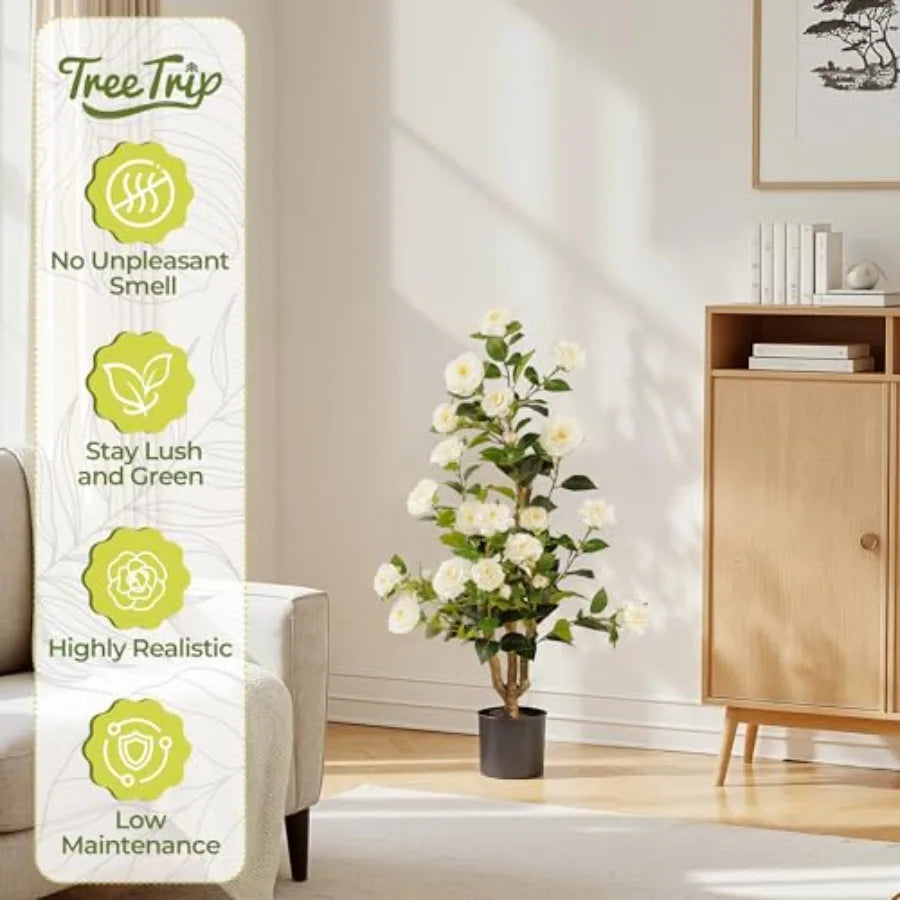 Artificial Camellia Tree 3.3 Ft Set Of 2 Blooming Flowers Natural Wood Trunk