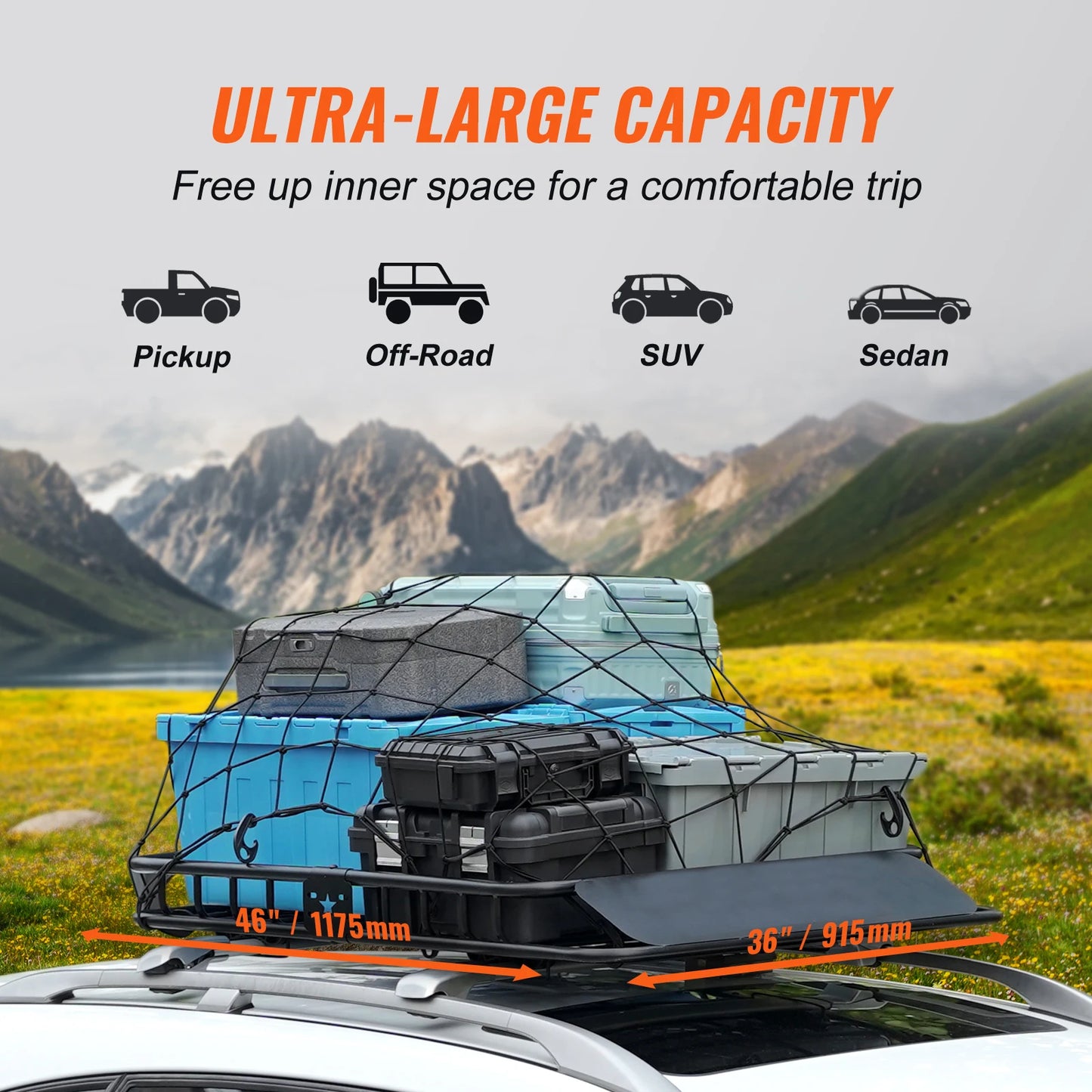 SucceBuy Rooftop Cargo Basket 46x36x4.5 Carrier 200Lbs