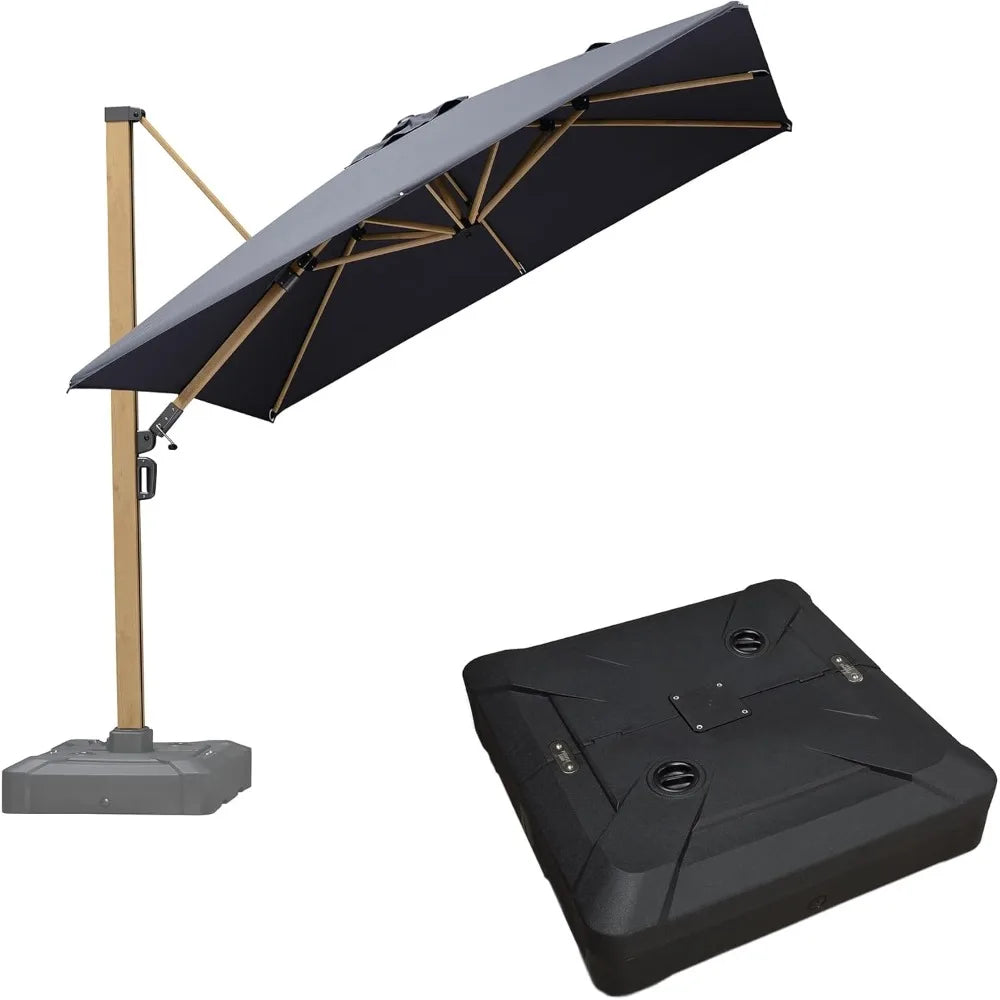 10ft Patio Cantilever Umbrella With Base Teak Finished Aluminum Frame Windproof
